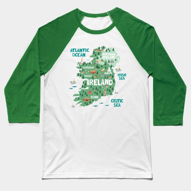 Ireland Illustrated Map Baseball T-Shirt by JunkyDotCom